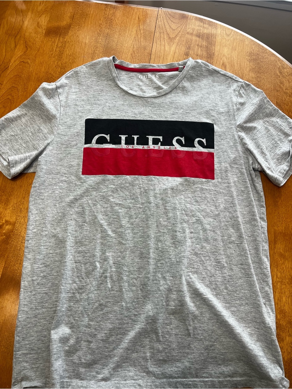 GUESS Men's Grey Tee with Black and Red Logo Blocks